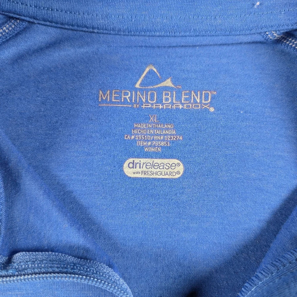 Paradox Merino Wool Shirt Womens XL Blue 1/4 Zip Base Layer Thumbholes Running - Picture 3 of 8